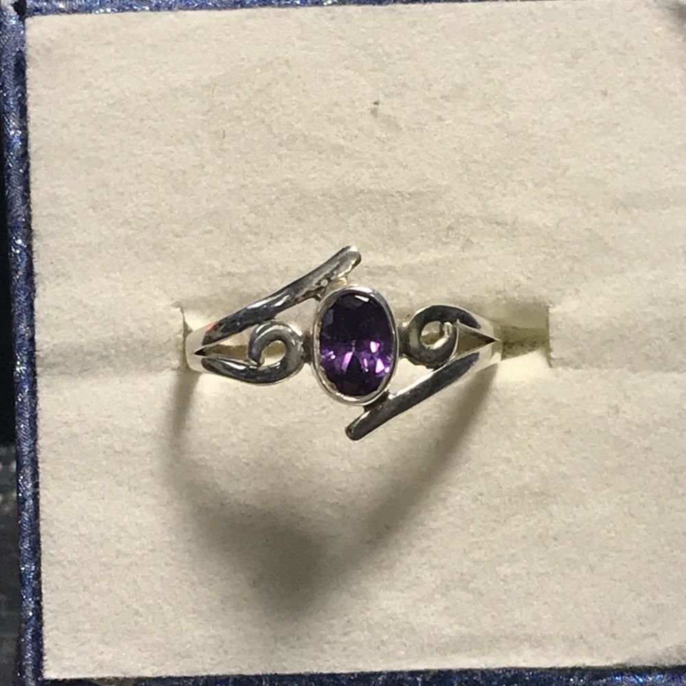 Amethyst silver scroll ring